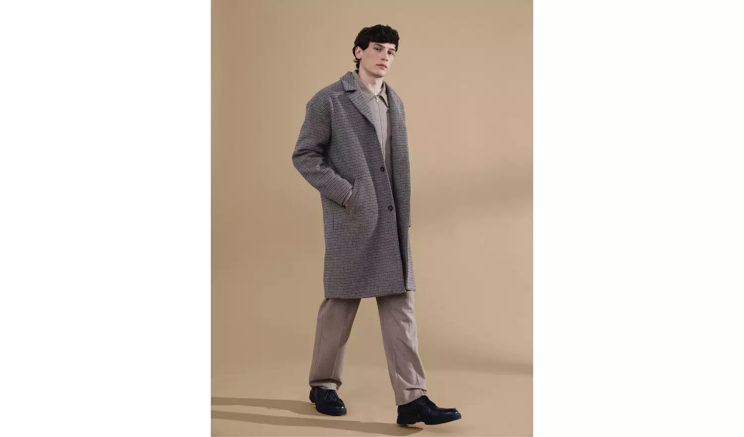 CASUAL FRIDAY CFCLAES Sand Houndstooth Relaxed Overcoat XXL