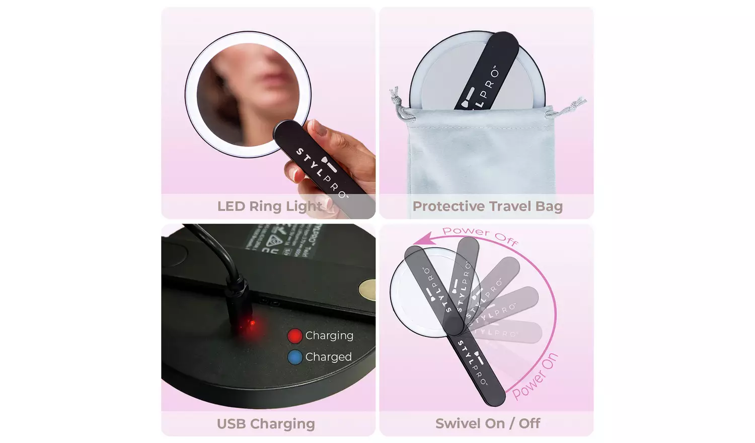 Stylpro Twirl Me Up Hand Held LED Mirror - Black