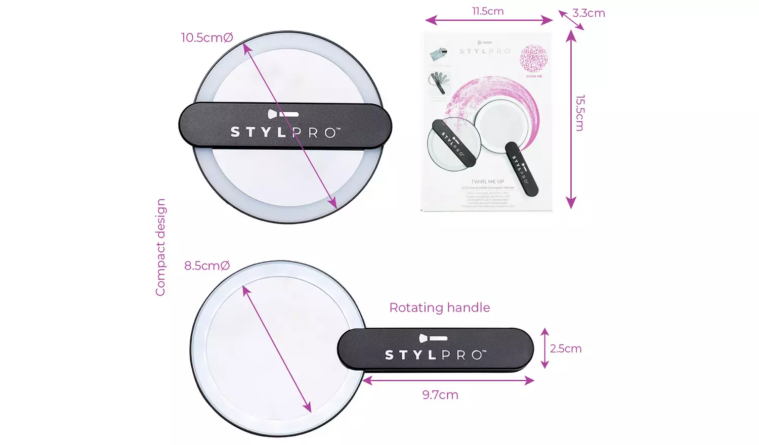 Stylpro Twirl Me Up Hand Held LED Mirror - Black