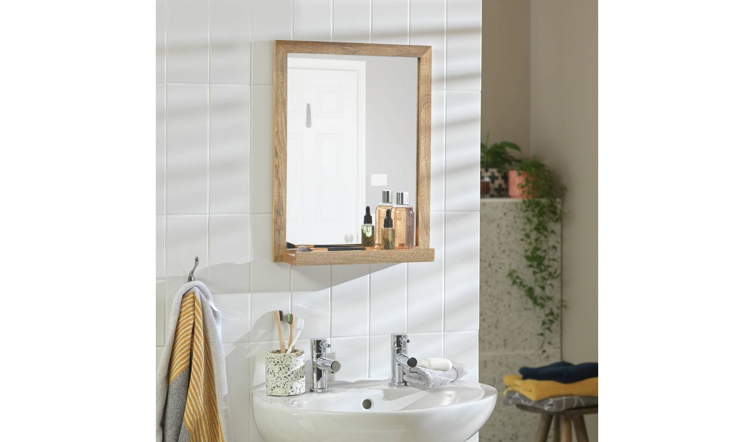 Habitat Mango Wood Bathroom Mirror with Shelf - 52x40cm
