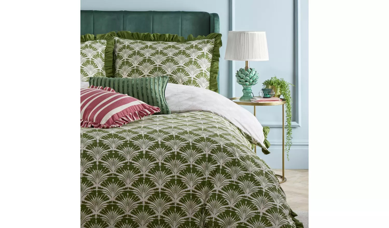 furn Deco Palm Printed Ruffle Green Bedding Set - Double