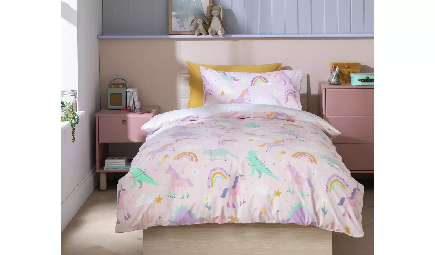 Habitat Unicorn and Dino Print Pink Kids Bedding Set-Single