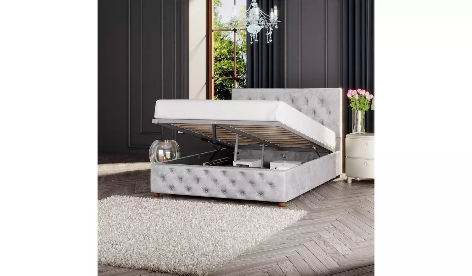 LLB Luna Velvet Kingsize Ottoman Bedframe - Silver