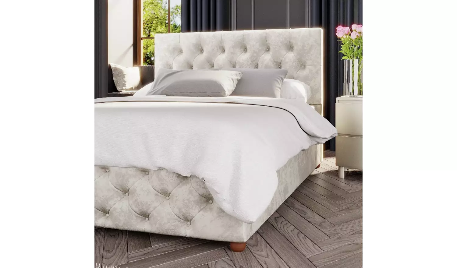 LLB Luna Velvet Small Double Ottoman Bedframe - Pearl