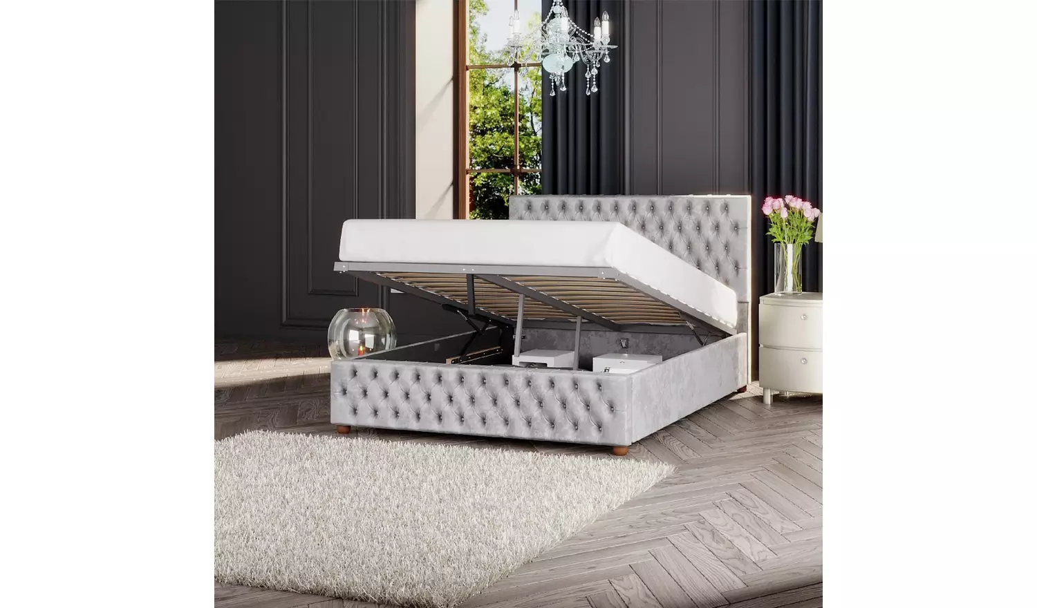 LLB Seren Velvet Small Double Ottoman Bedframe - Silver