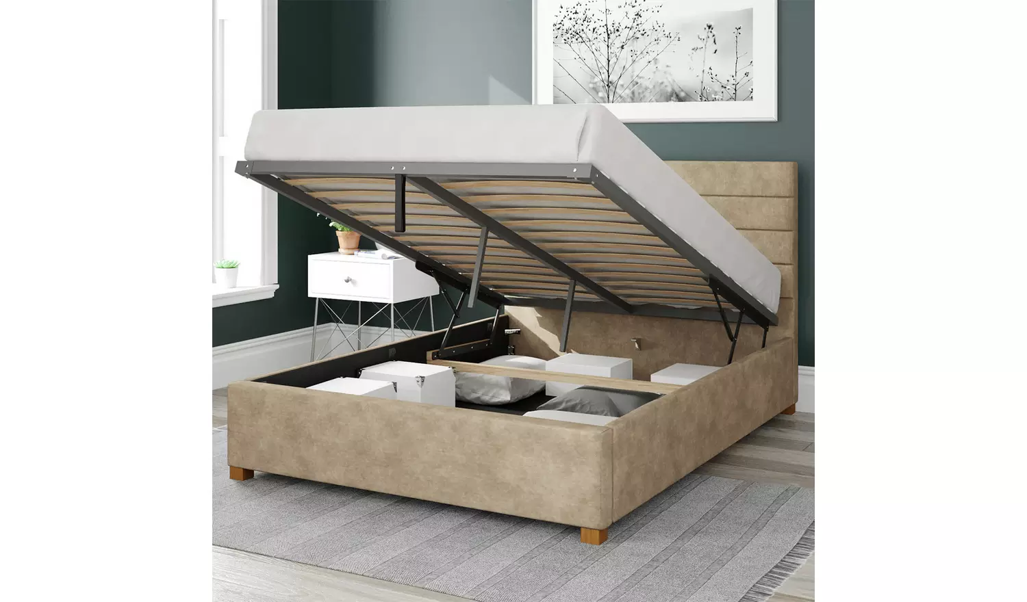 Aspire Kelly Linen Superking Ottoman Bedframe - Beige