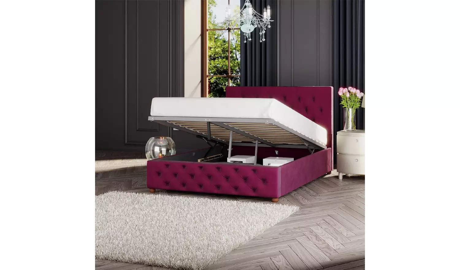 LLB Luna Velvet Small Double Ottoman Bedframe - Berry