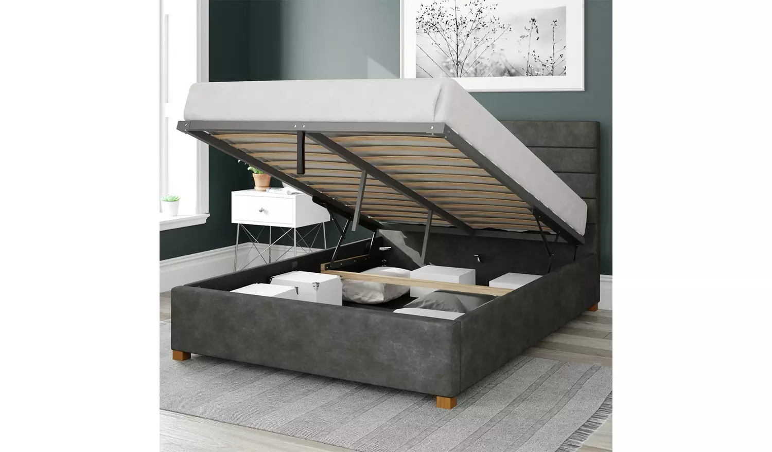Aspire Kelly Linen Kingsize Ottoman Bedframe - Granite