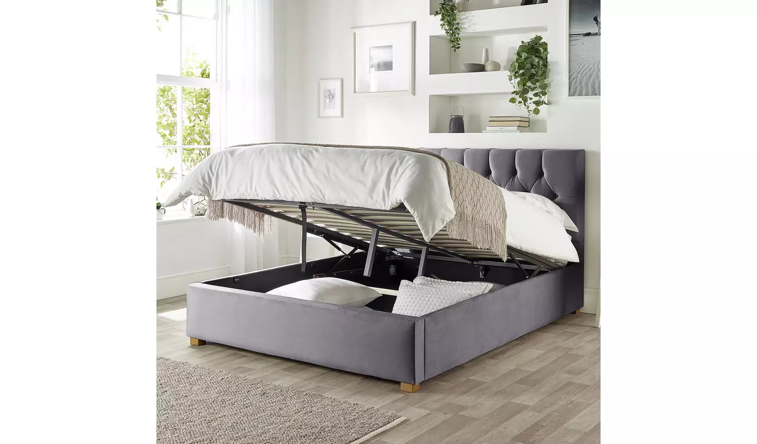 CL Boutique Velvet Double Ottoman Bedframe - Steel