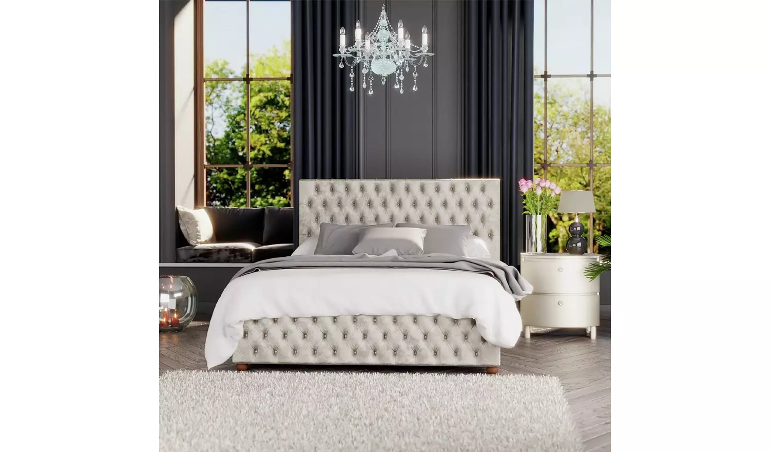 LLB Seren Velvet Double Ottoman Bedframe - Pearl