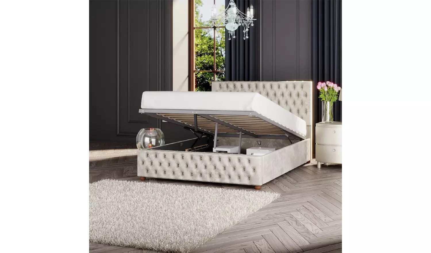 LLB Seren Velvet Double Ottoman Bedframe - Pearl
