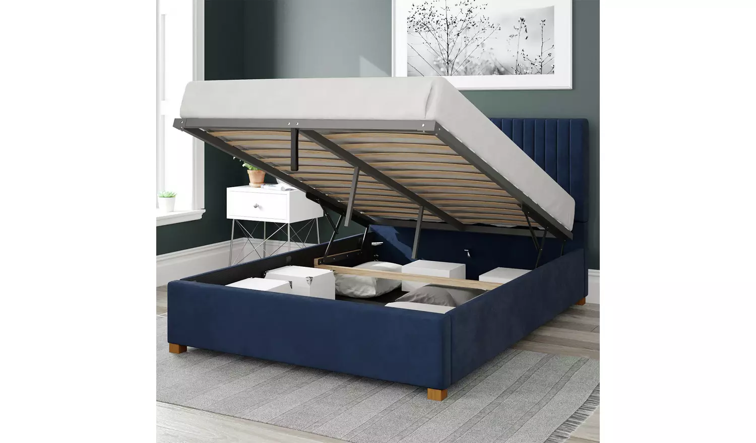 Aspire Grant Velvet Kingsize Ottoman Bedframe - Navy