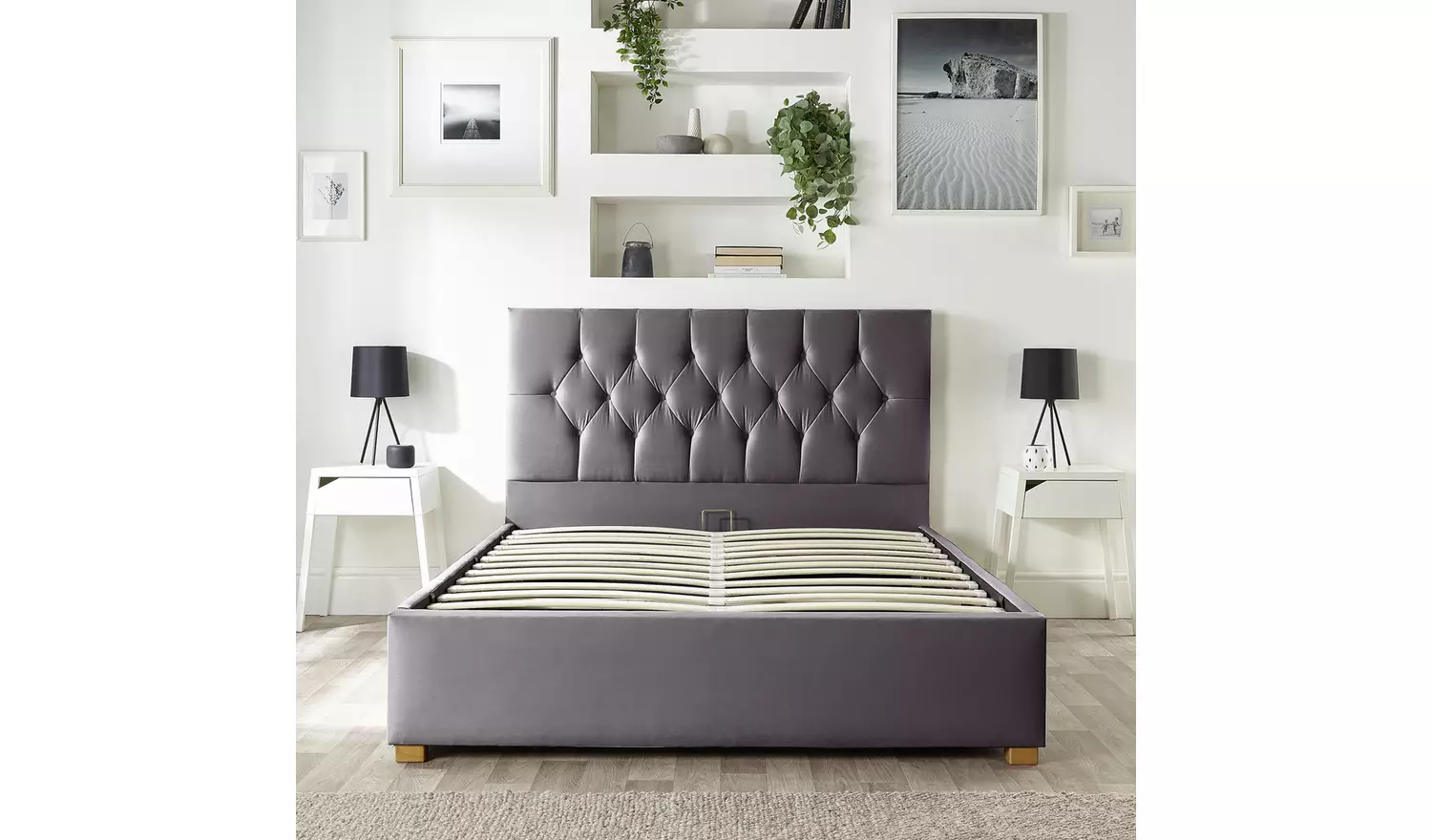 CL Boutique Velvet Kingsize Ottoman Bedframe - Steel