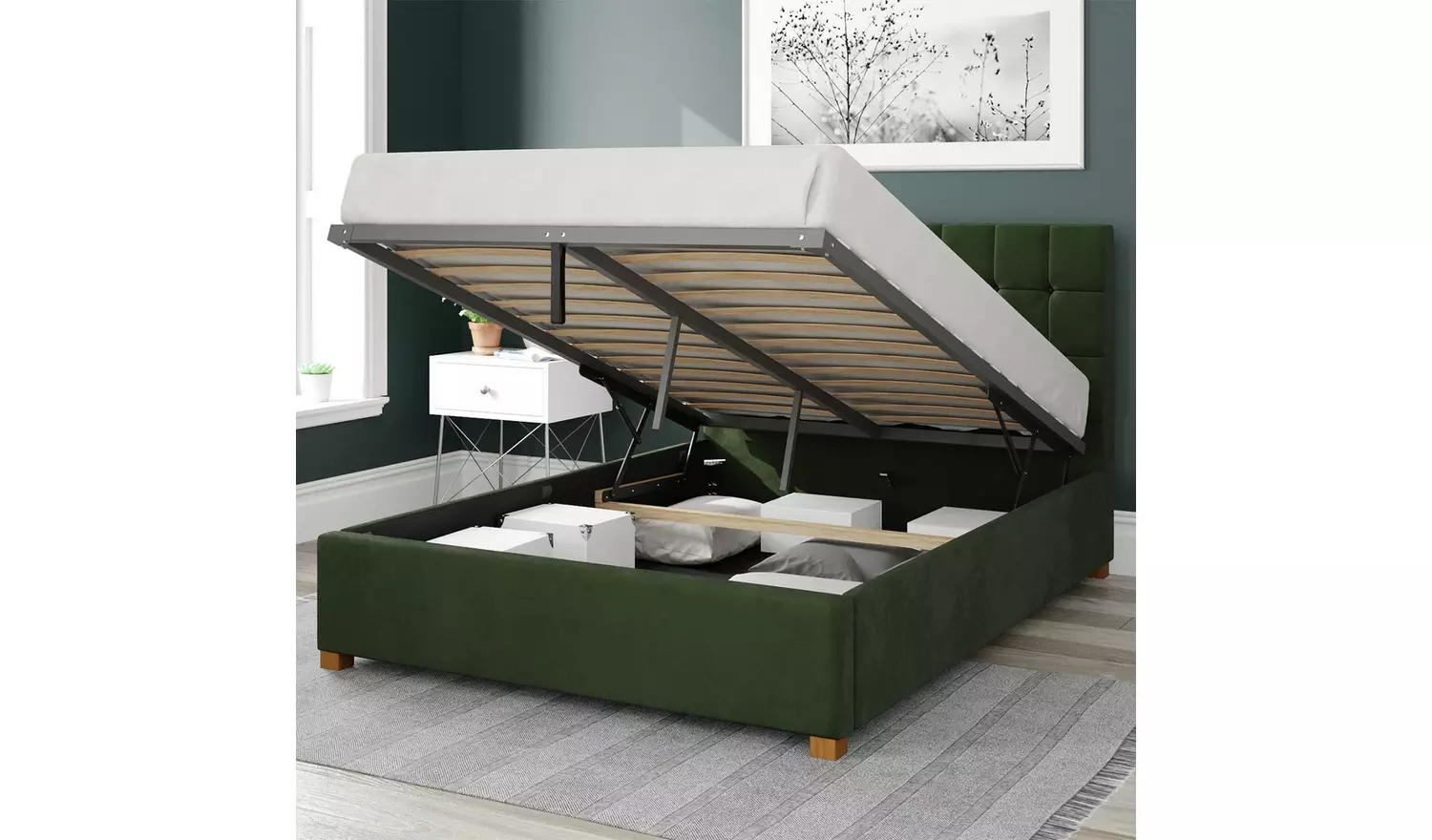 Aspire Sinatra Velvet Double Ottoman Bedframe - Forest Green