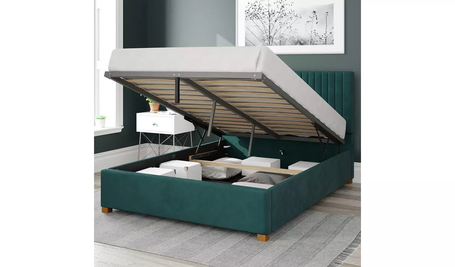Aspire Grant Velvet Double Ottoman Bedframe - Emerald