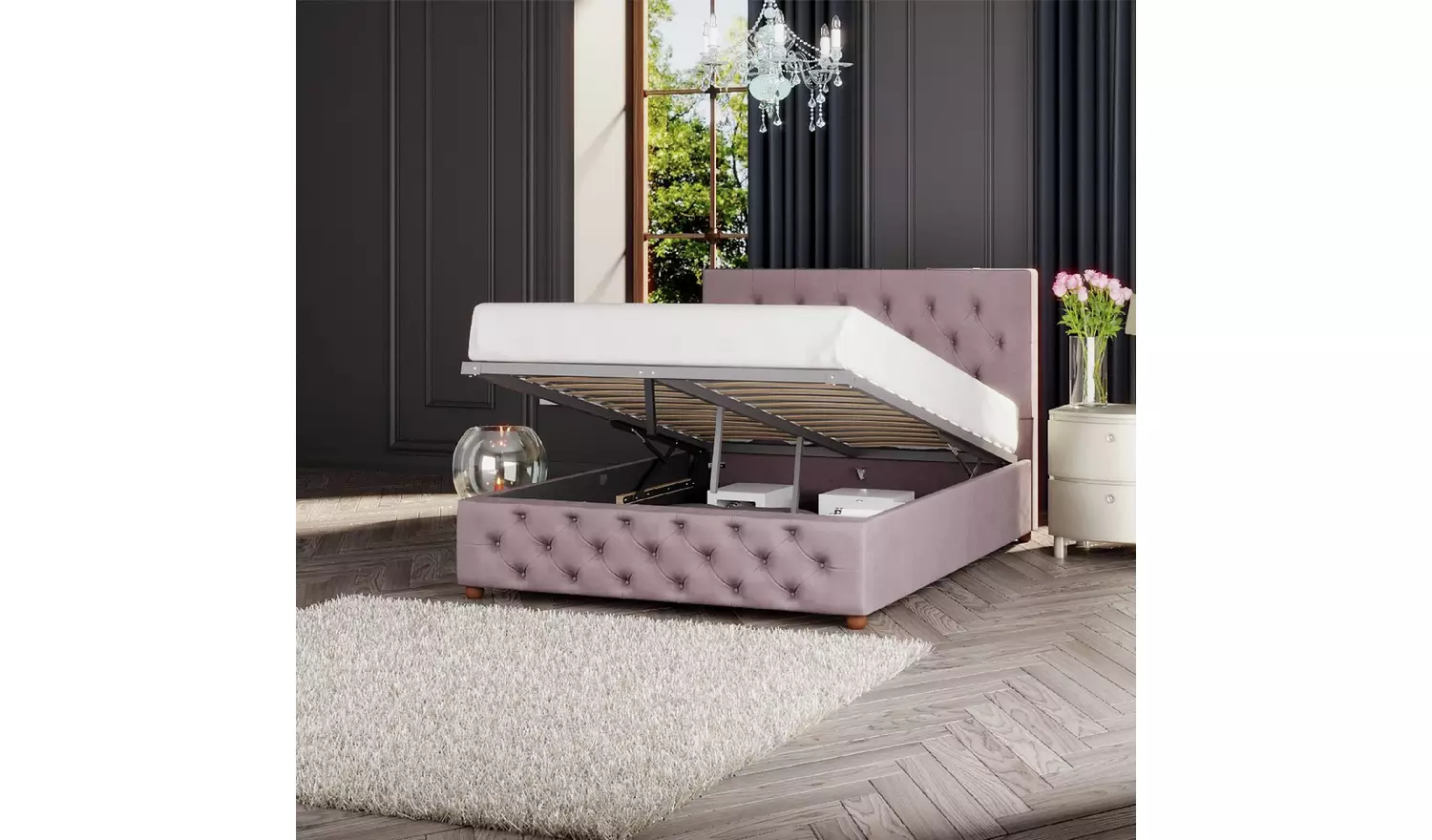 LLB Luna Velvet Kingsize Ottoman Bedframe - Blush