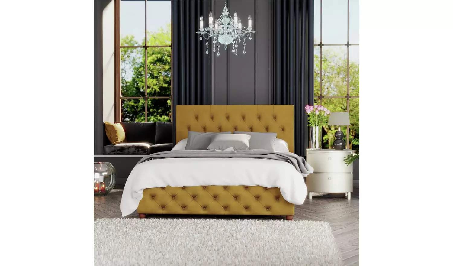 LLB Luna Velvet Small Double Ottoman Bedframe - Ochre