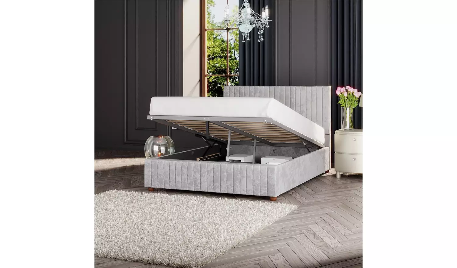 LLB Estella Velvet Superking Ottoman Bedframe - Silver