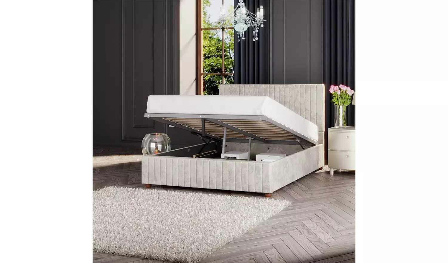 LLB Estella Velvet Double Ottoman Bedframe - Pearl