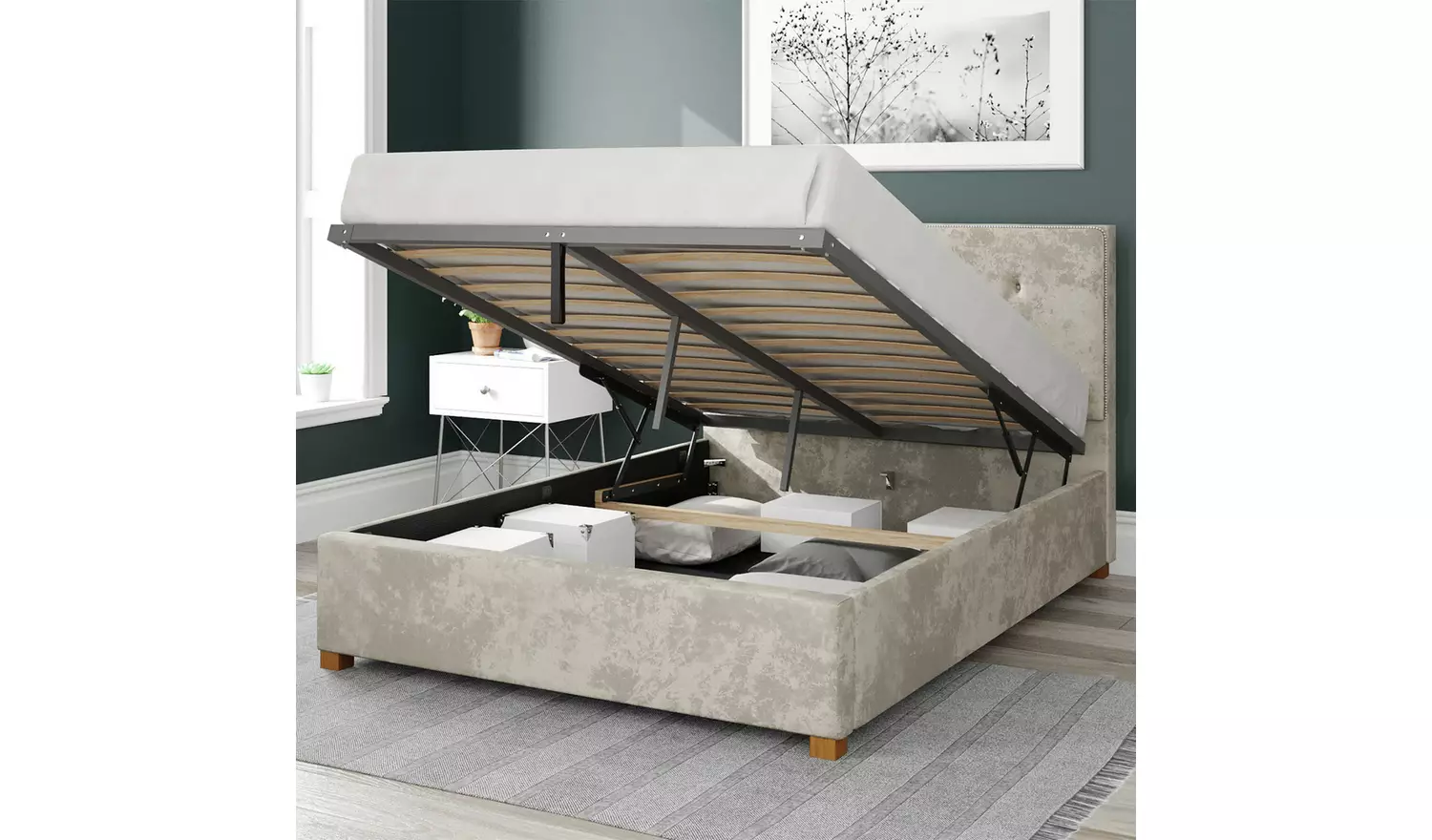 Aspire Presley Velvet Double Ottoman Bedframe - Pearl