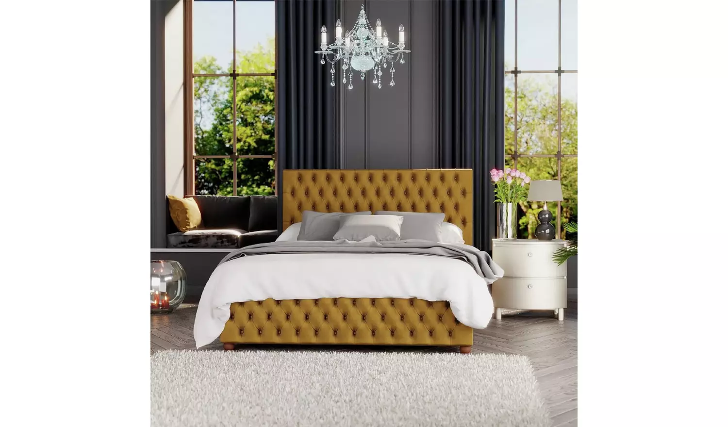 LLB Seren Velvet Double Ottoman Bedframe - Ochre