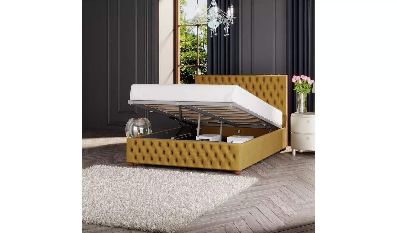 LLB Seren Velvet Double Ottoman Bedframe - Ochre