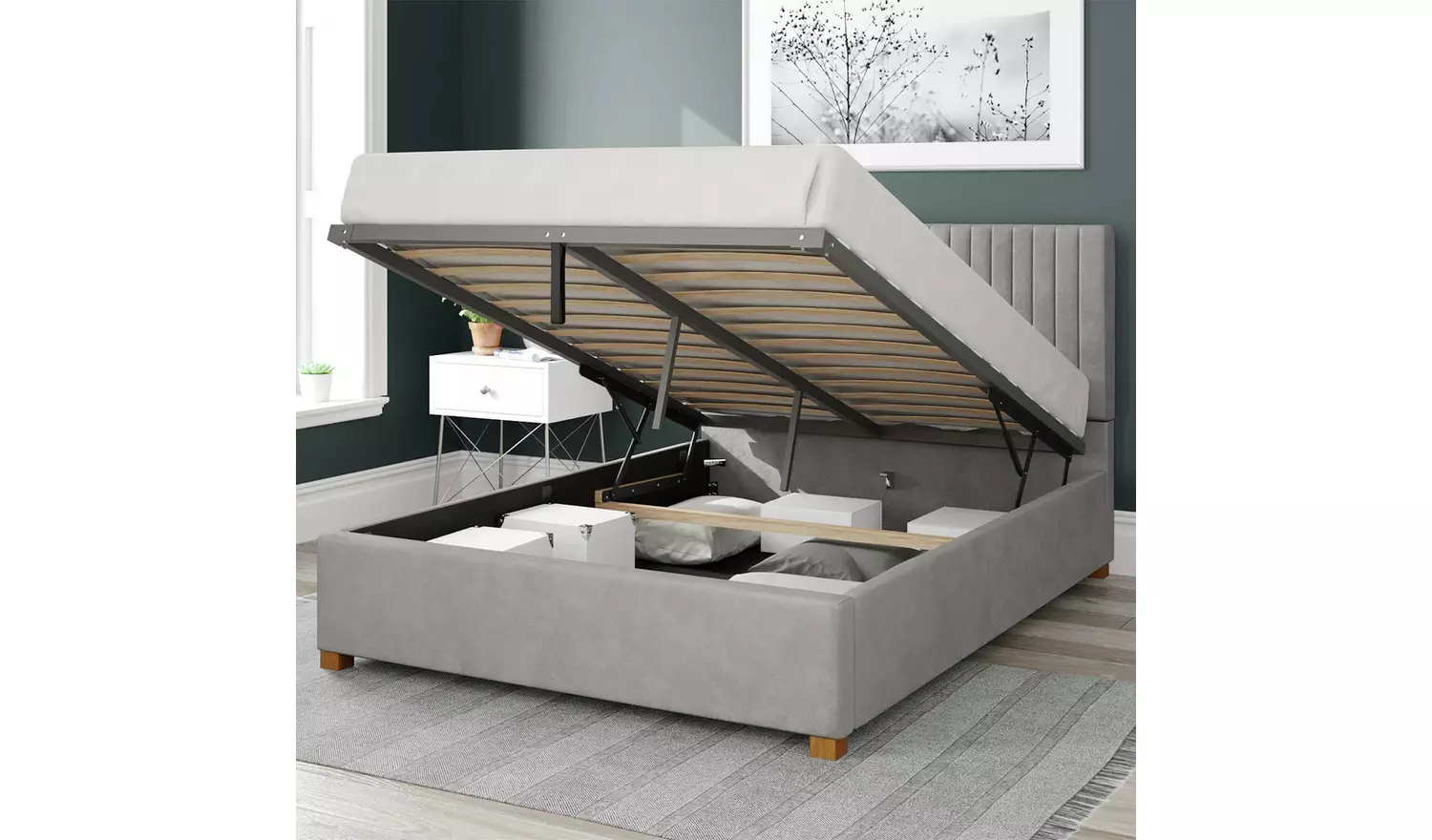 Aspire Grant Velvet Superking Ottoman Bedframe Light Silver