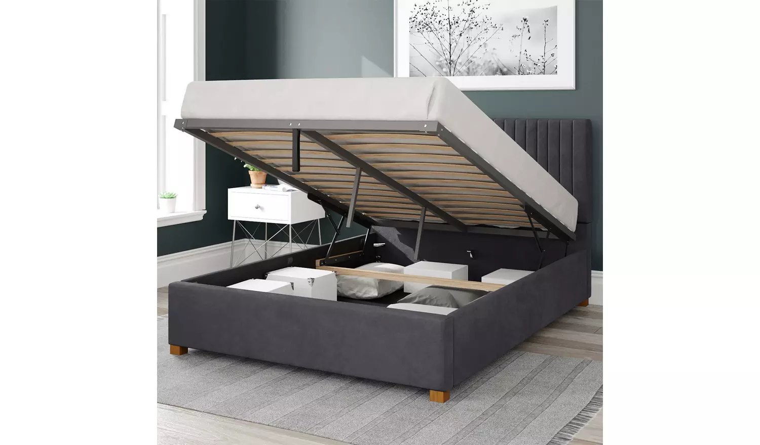 Aspire Grant Velvet Double Ottoman Bedframe - Steel