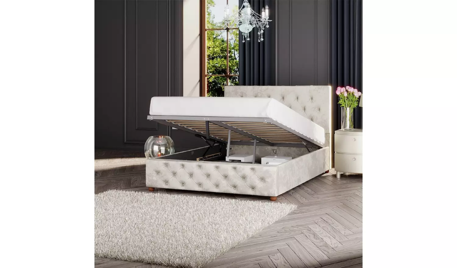 LLB Luna Velvet Superking Ottoman Bedframe - Pearl