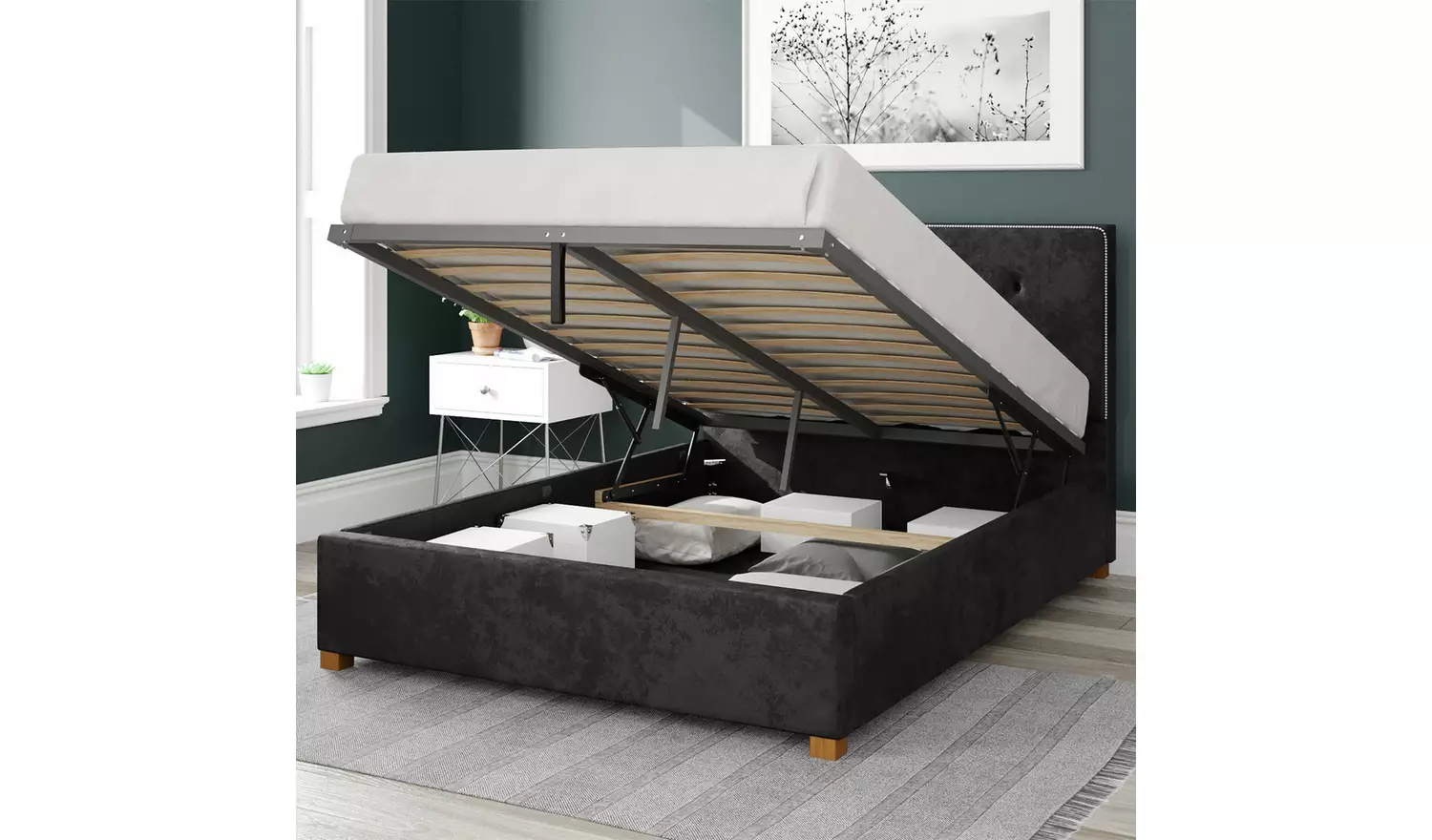 Aspire Presley Velvet Double Ottoman Bedframe - Black