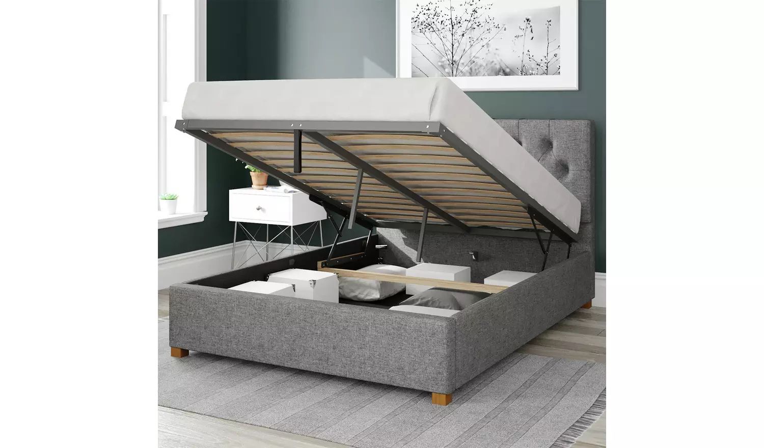 Aspire Olivier Twill Double Ottoman Bedframe - Grey
