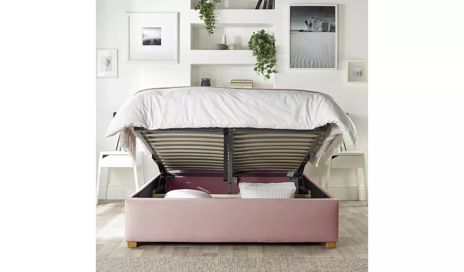CL Boutique Velvet Kingsize Ottoman Bedframe - Blush
