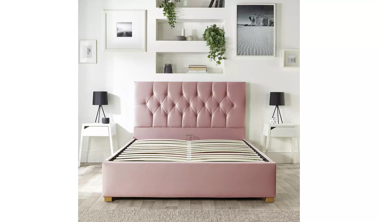 CL Boutique Velvet Kingsize Ottoman Bedframe - Blush