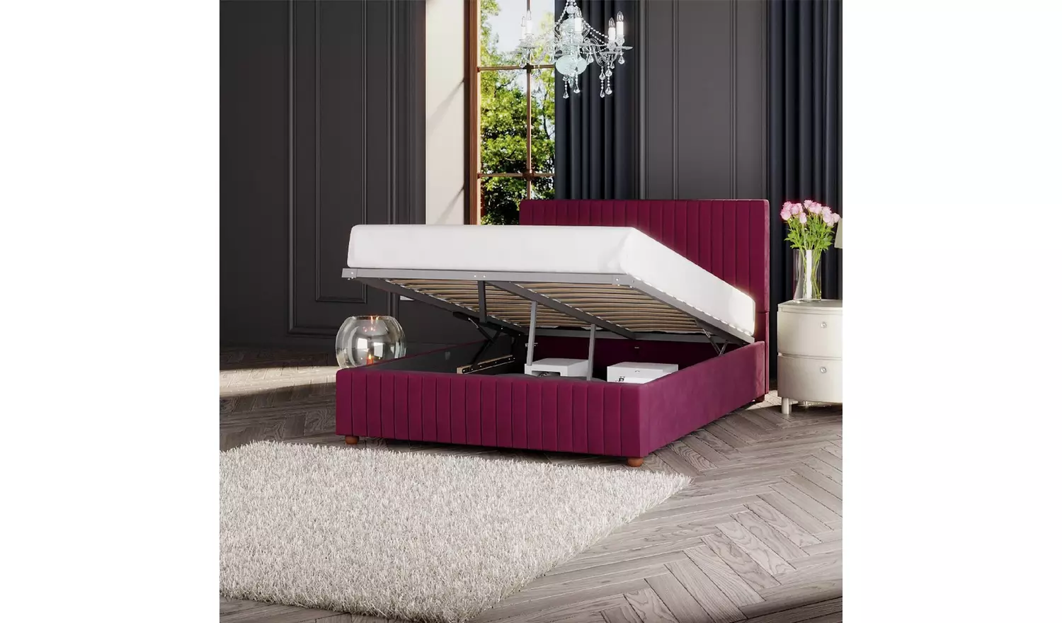 LLB Estella Velvet Double Ottoman Bedframe - Berry