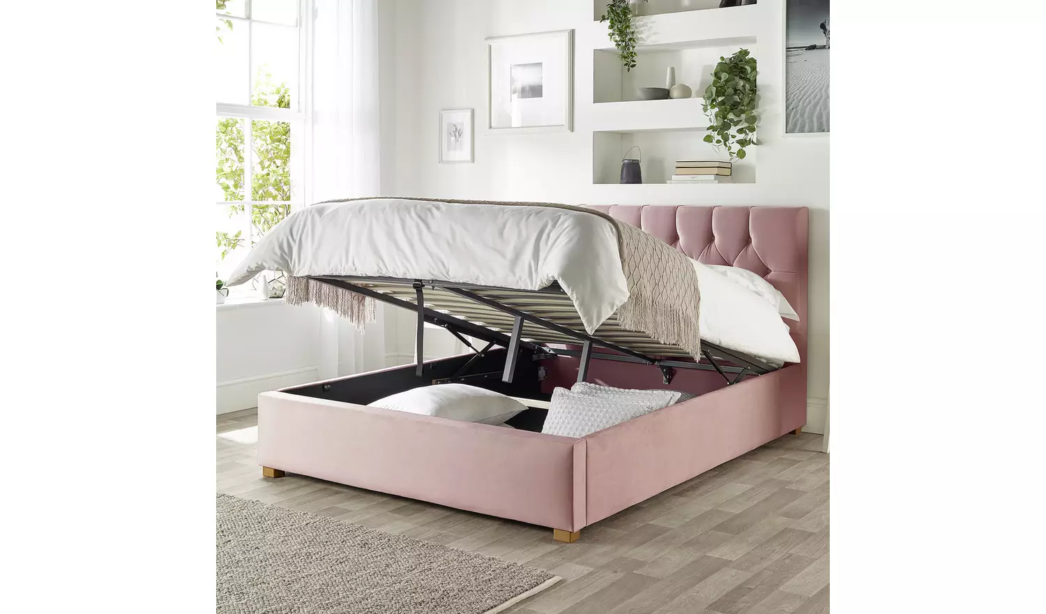 CL Boutique Velvet Double Ottoman Bedframe - Blush