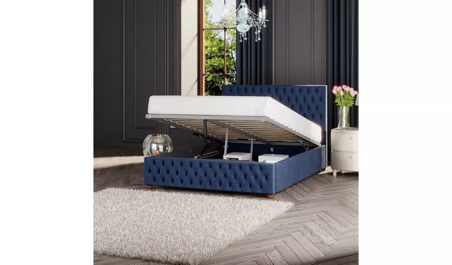 LLB Seren Velvet Kingsize Ottoman Bedframe - Navy