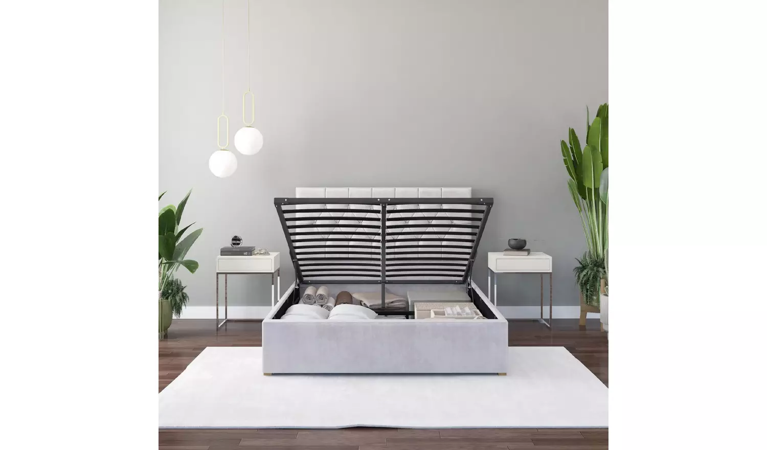 Aspire Olivier Kingsize Velvet End Lift Ottoman Bed - Silver