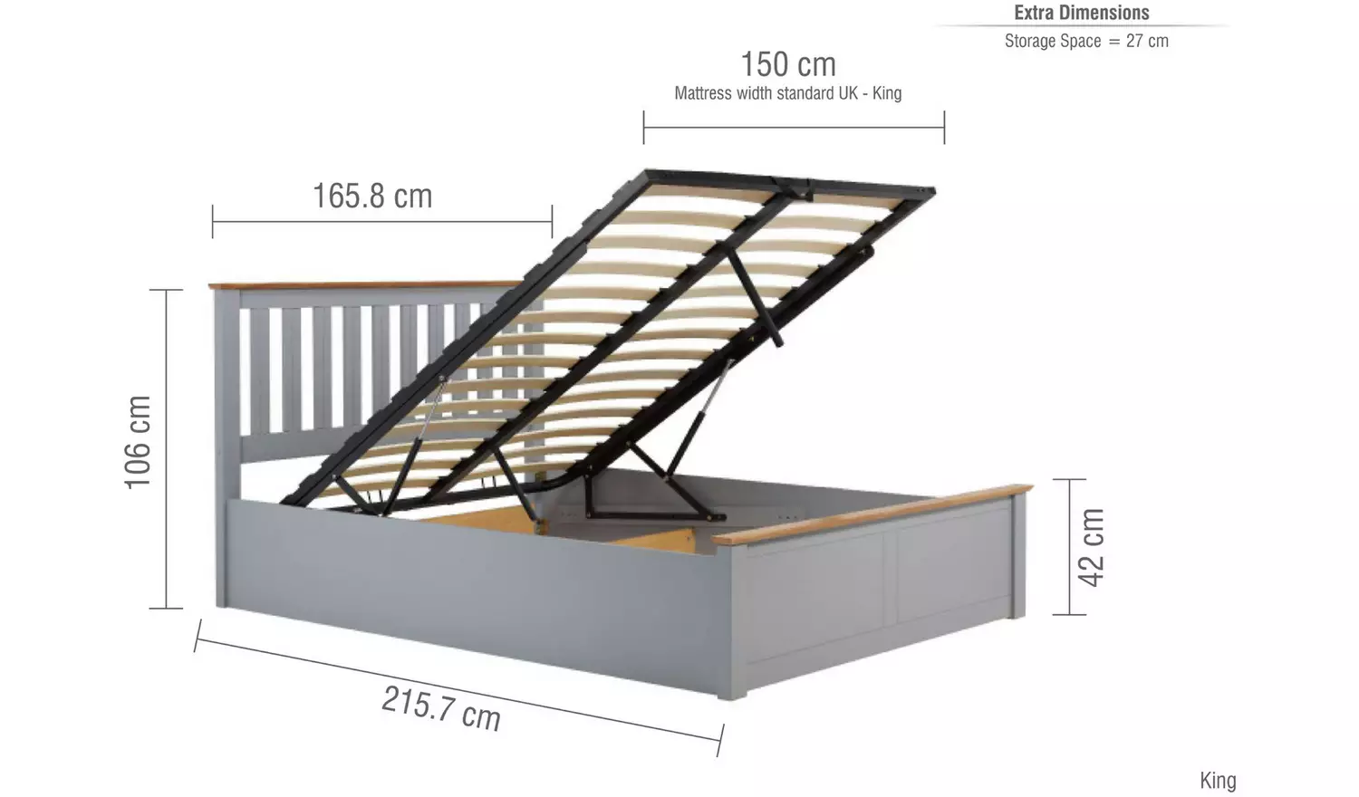 Birlea Phoenix Kingsize Ottoman Bed with Mattress-Stone Grey