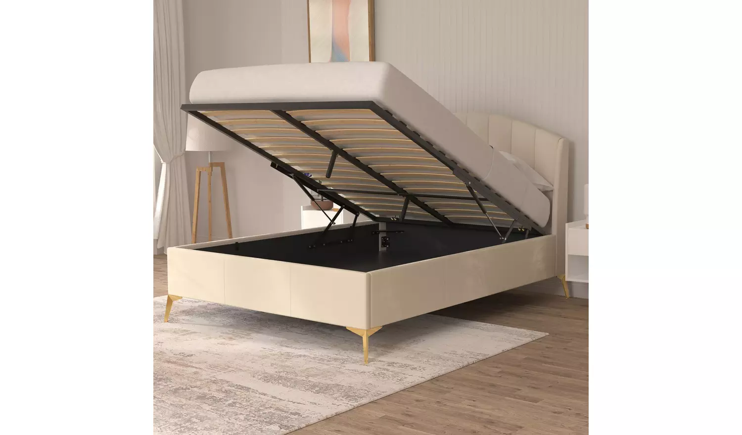 GFW Pettine Kingsize Velvet Ottoman Bed Frame - Cream
