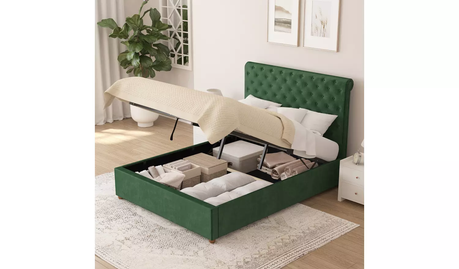 Aspire Taylor Single Velvet End Lift Ottoman Bed - Green