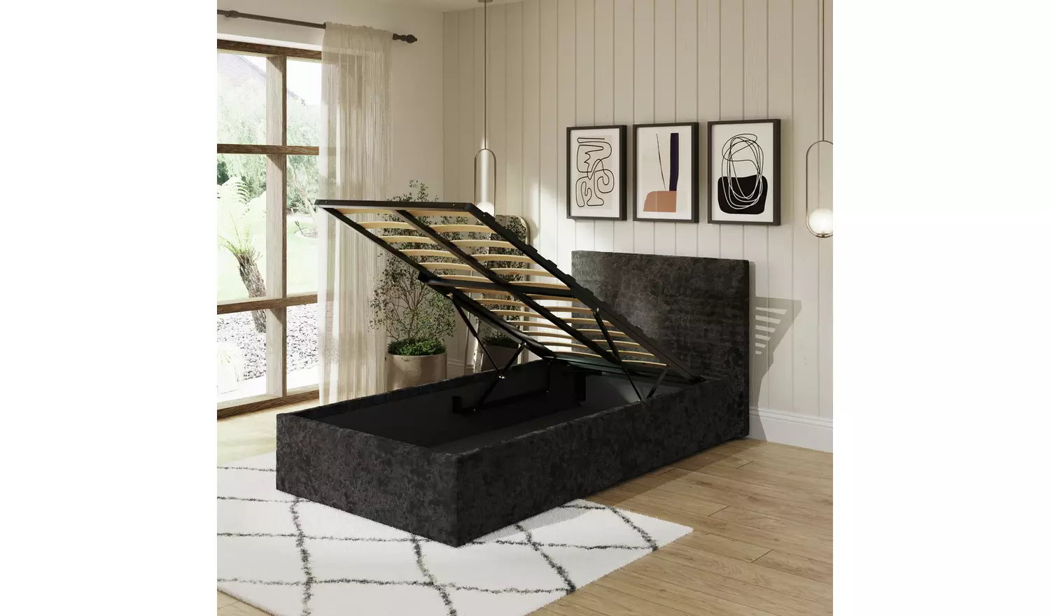 GFW End Lift Single Velvet End Lift Ottoman Bed - Black