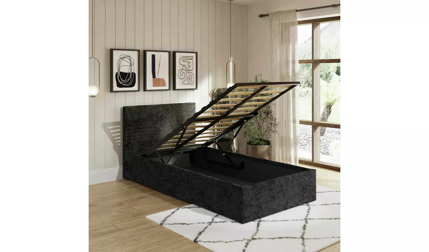 GFW End Lift Single Velvet End Lift Ottoman Bed - Black