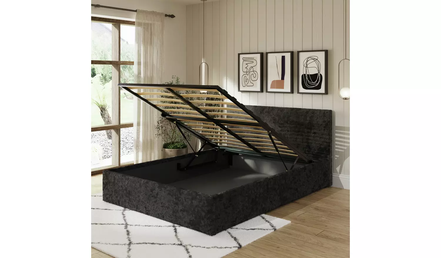 GFW End Lift Double Velvet End Lift Ottoman Bed - Black