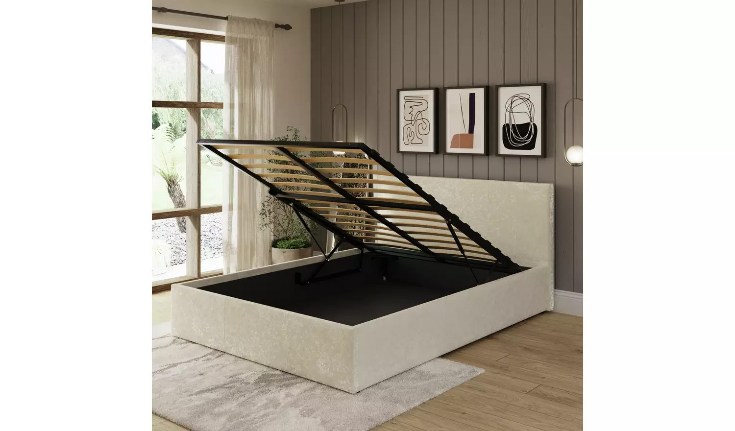 GFW Double Crushed Velvet End Lift Ottoman Bed - Cream