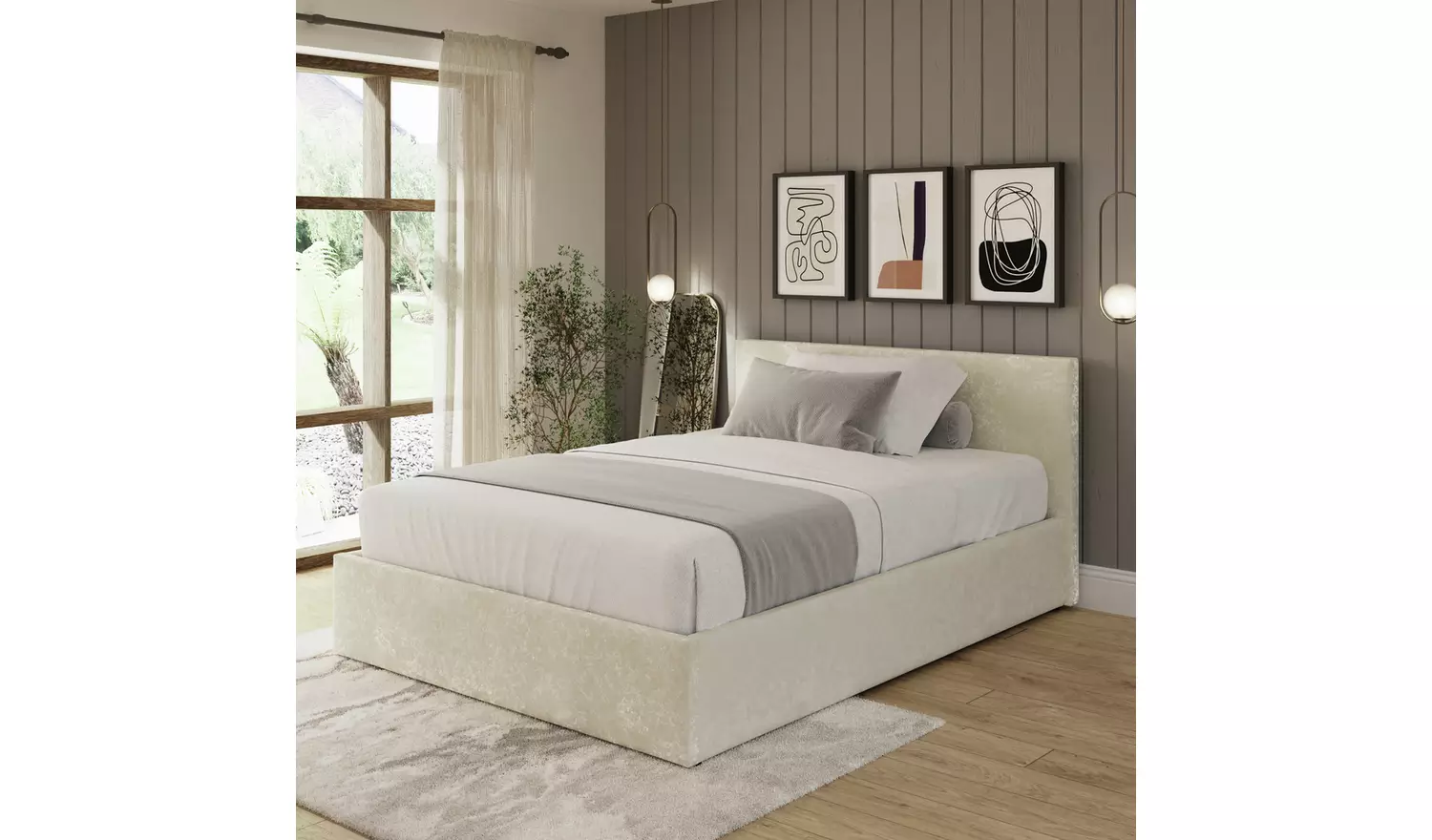GFW Kingsize Crushed Velvet End Lift Ottoman Bed - Cream