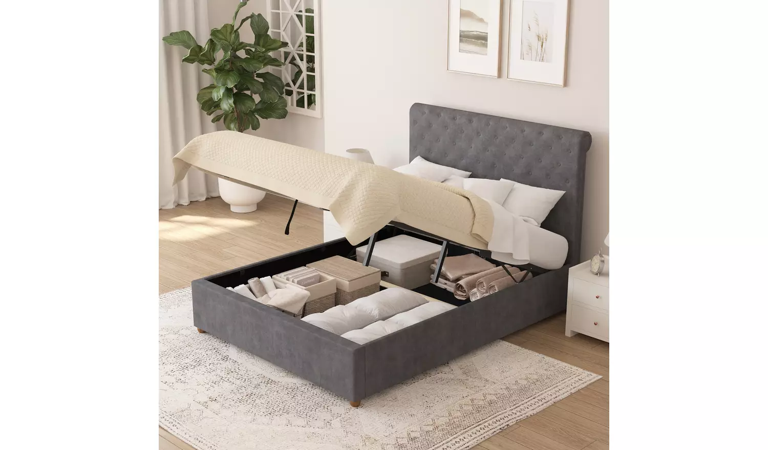 Aspire Taylor Double Velvet End Lift Ottoman Bed - Steel