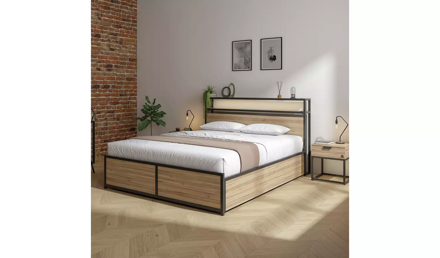 XR Living Denver King Size Ottoman Bed with LED Lights - Oak