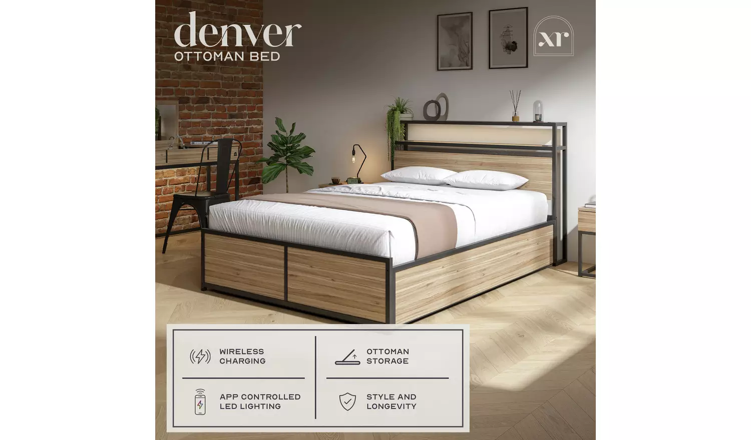 XR Living Denver King Size Ottoman Bed with LED Lights - Oak