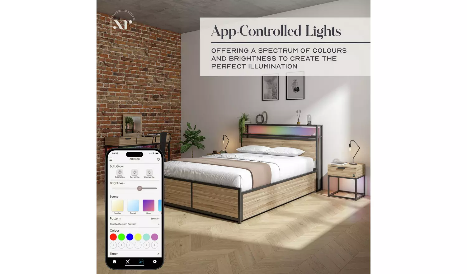 XR Living Denver King Size Ottoman Bed with LED Lights - Oak