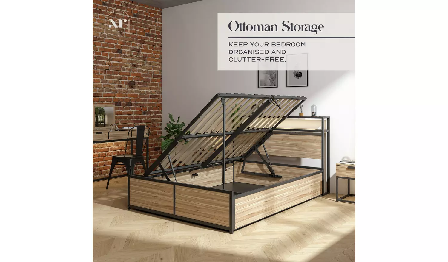 XR Living Denver King Size Ottoman Bed with LED Lights - Oak